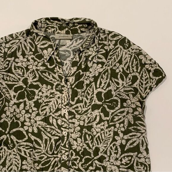 dressbarn Floral Button Front Green Beige Tropical Short Sleeve Shirt Size Large - Picture 3 of 10
